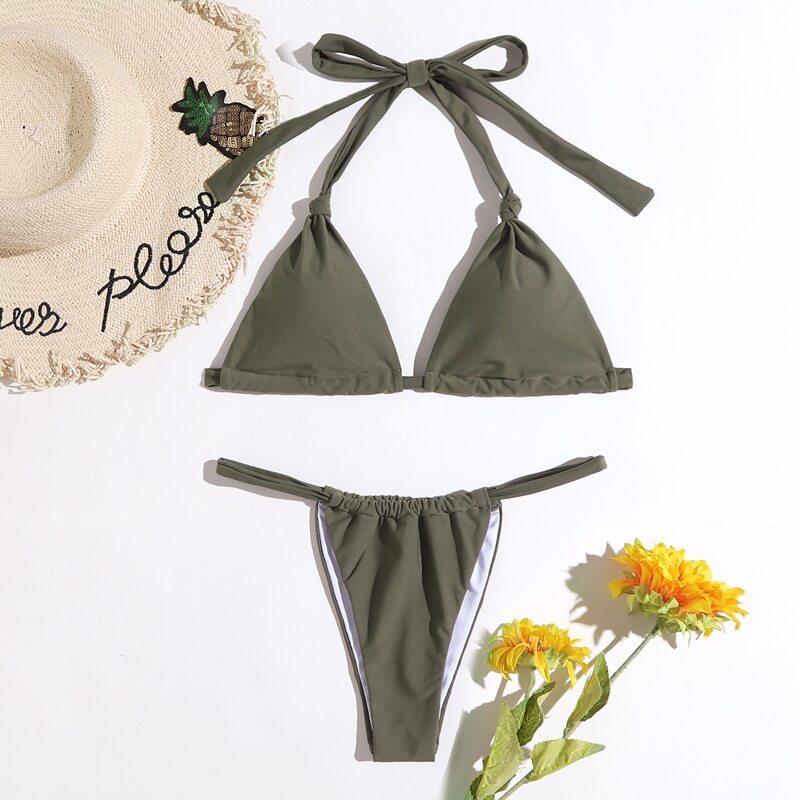

Solid Triangle Thong Bikini Swimsuit, Army green