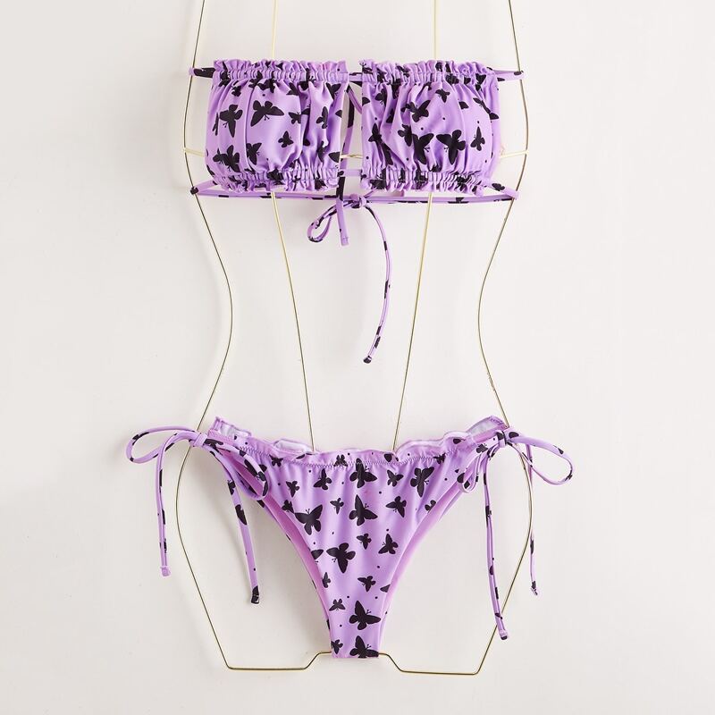 

Butterfly Print Ruched Bandeau Bikini Swimsuit, Purple