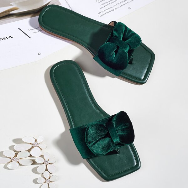 

Bow Decor Velvet Thong Sandals, Dark green