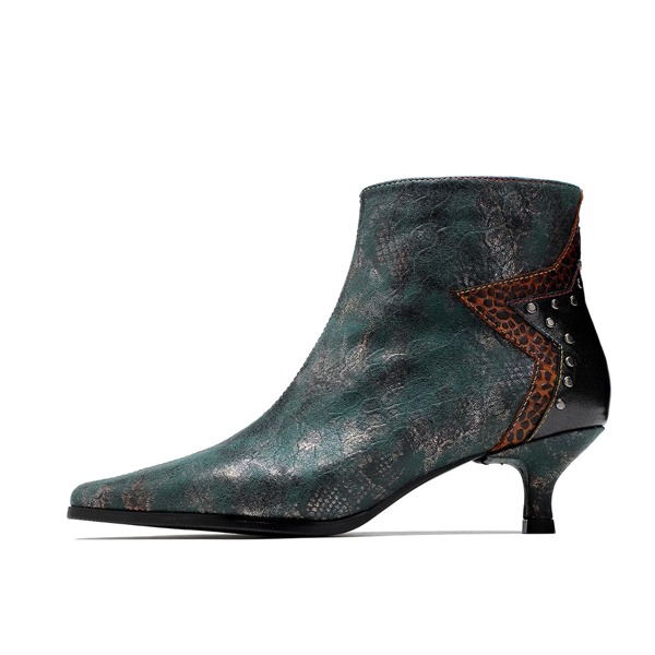 

Studded Decor Kitten Heeled Leather Ankle Boots, Green