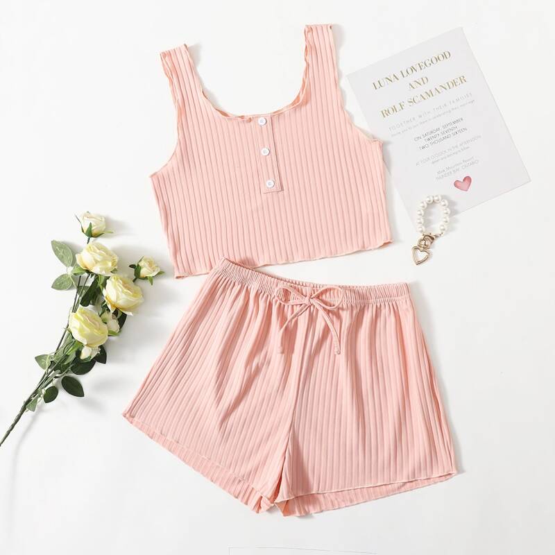 

Button Front Tank Top PJ Set, Baby pink