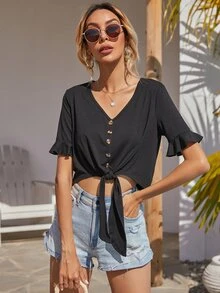 Tie Front Flounce Sleeve Tee - Black - View 3