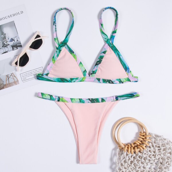 

Contrast Binding Thong Bikini Swimsuit, Multicolor