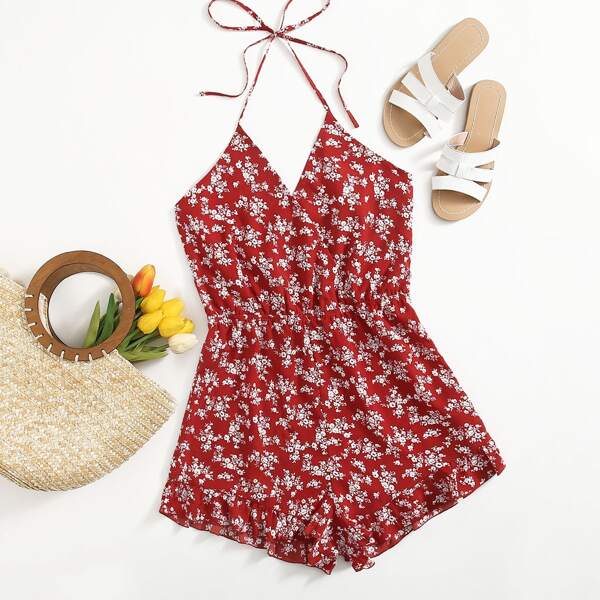 

Tie Back Ruffle Hem Ditsy Floral Halter Romper, Burgundy