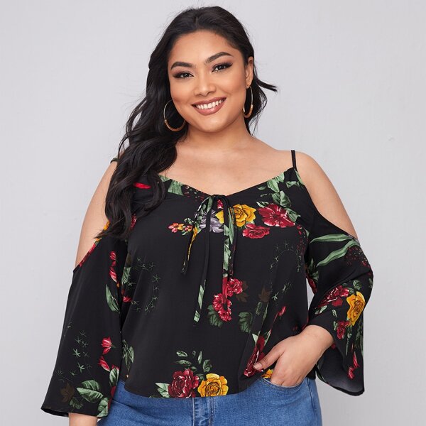 

Plus Floral Print Cold Shoulder Blouse, Black