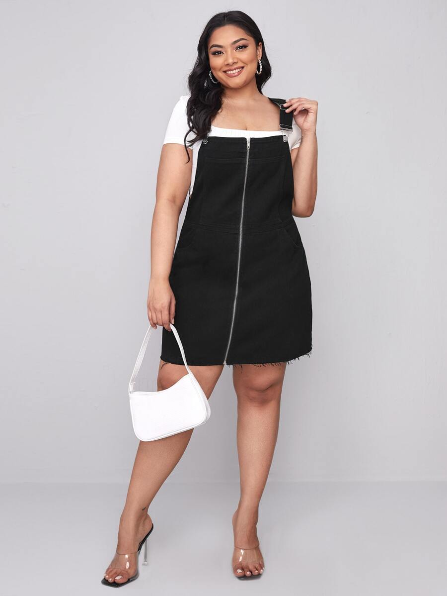 Vestido overol mezclilla con cremallera delantera - Negro - Ver 1