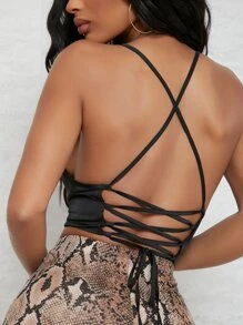 SHEIN SXY 繫帶後開式垂褶領緞面上衣 - 黑色 - 查看 4