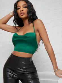 SHEIN SXY 繫帶後開式垂褶領緞面上衣 - 綠色 - 查看 2