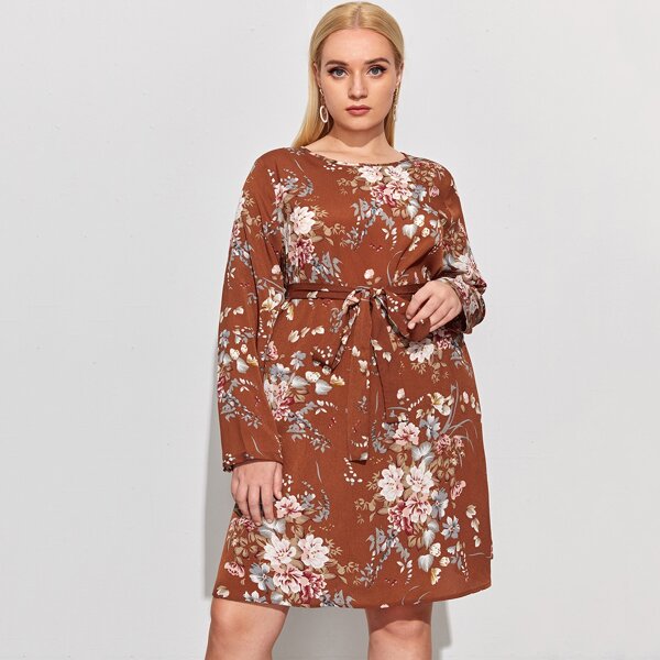 

Plus Floral Print Belted Dress, Multicolor
