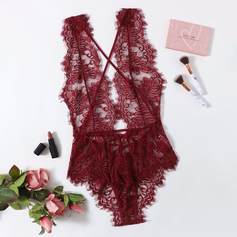 

Eyelash Floral Lace Plunging Teddy Bodysuit, Burgundy