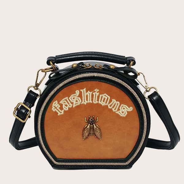 

Metal Lock Letter Embroidered Satchel Bag, Brown