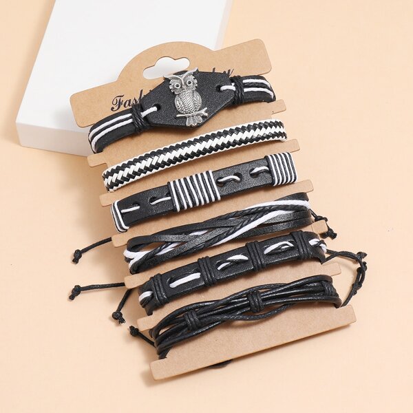 

6pcs Men Braided PU Leather Bracelet, Black and white