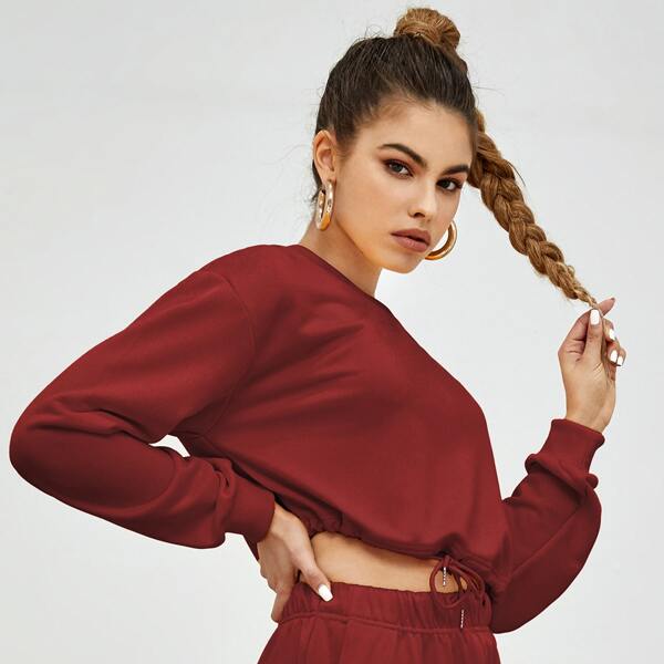

Drawstring Hem Drop Shoulder Sweatshirt, Burgundy