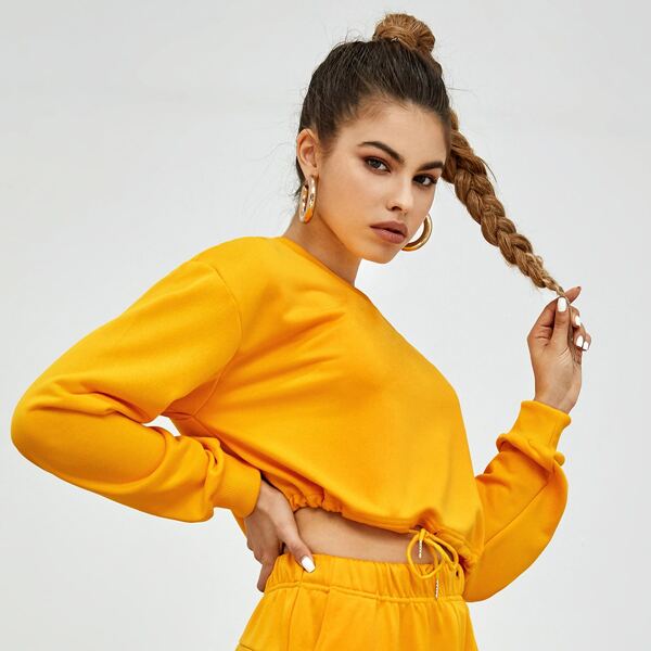 

Drawstring Hem Drop Shoulder Sweatshirt, Yellow