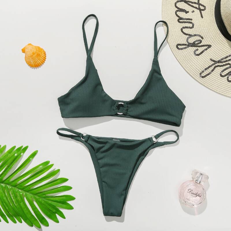 

Rhinestone Ring Decor Thong Bikini Swimsuit, Army green