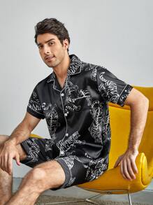 Conjunto De Pijama De Satén Para Hombres Con Estampado De Tigre Completo - Negro - Ver 1
