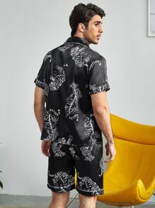Conjunto De Pijama De Satén Para Hombres Con Estampado De Tigre Completo - Negro - Ver 2