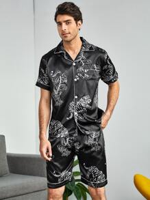 Conjunto De Pijama De Satén Para Hombres Con Estampado De Tigre Completo - Negro - Ver 3