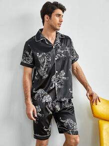 Conjunto De Pijama De Satén Para Hombres Con Estampado De Tigre Completo - Negro - Ver 4