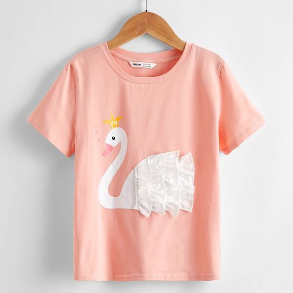 

Girls Ruffle Trim Swan Print Top, Coral pink