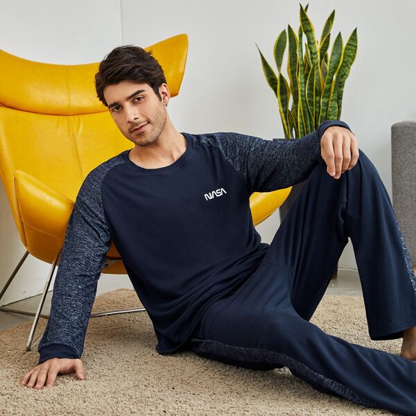 

Men Letter Graphic PJ Set, Navy blue