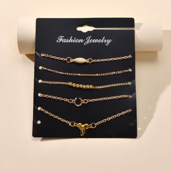 

5pcs Leaf Decor Chain Bracelet, Gold