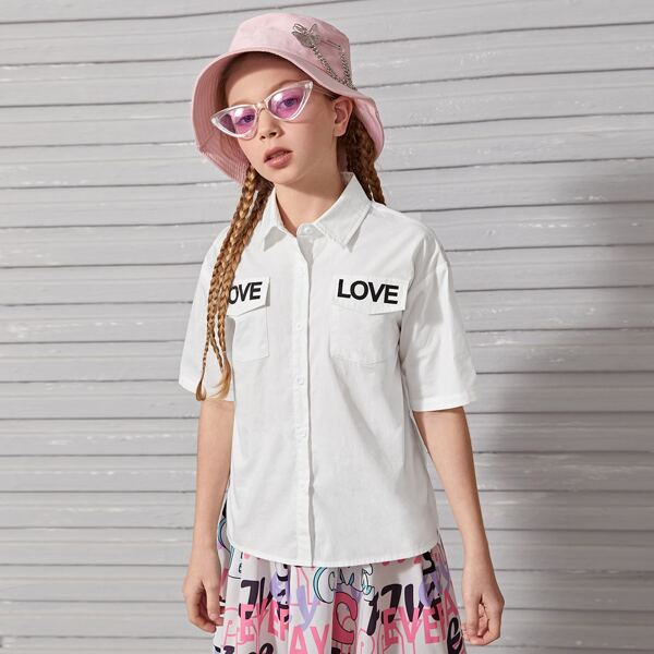

Girls Collared Letter Graphic Flap Pocket Front Blouse, White