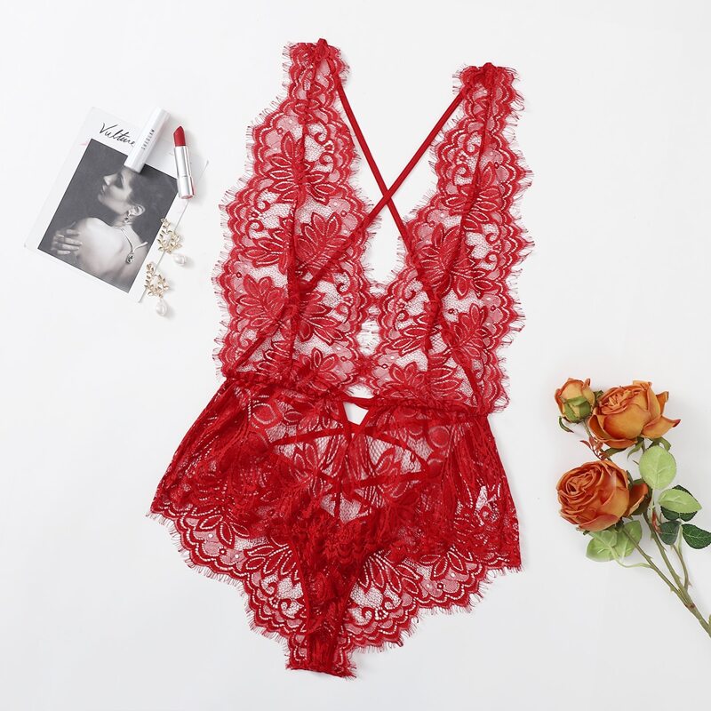 

Eyelash Floral Lace Plunging Teddy Bodysuit, Red