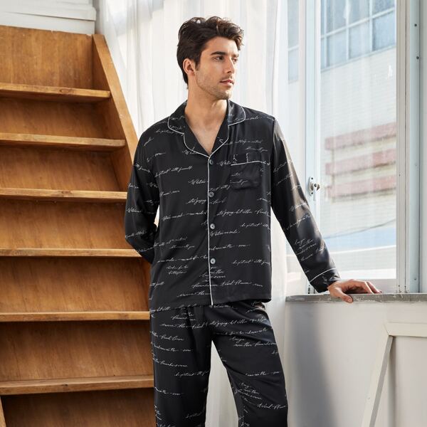 

Men Satin Letter Graphic Contrast Binding PJ Set, Black