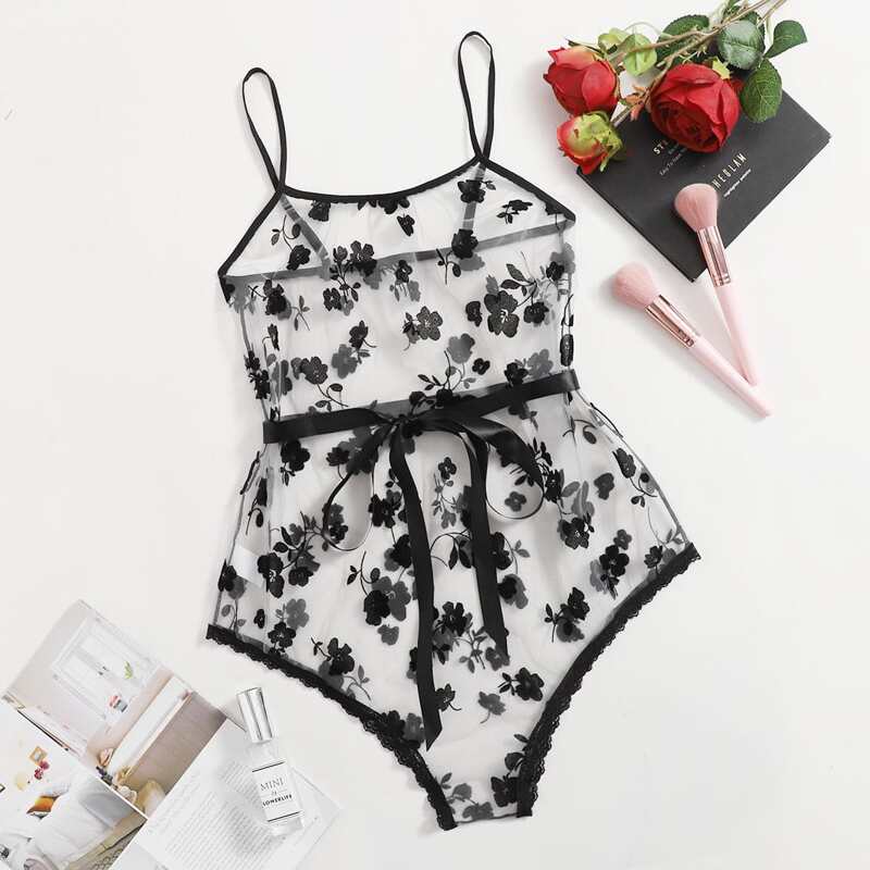 

Floral Sheer Mesh Teddy Bodysuit, Black