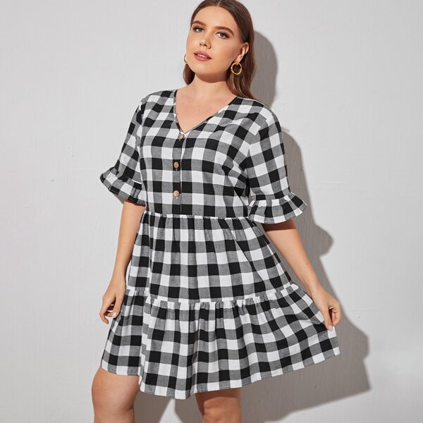 

Plus Gingham Flounce Sleeve Dress, Black and white