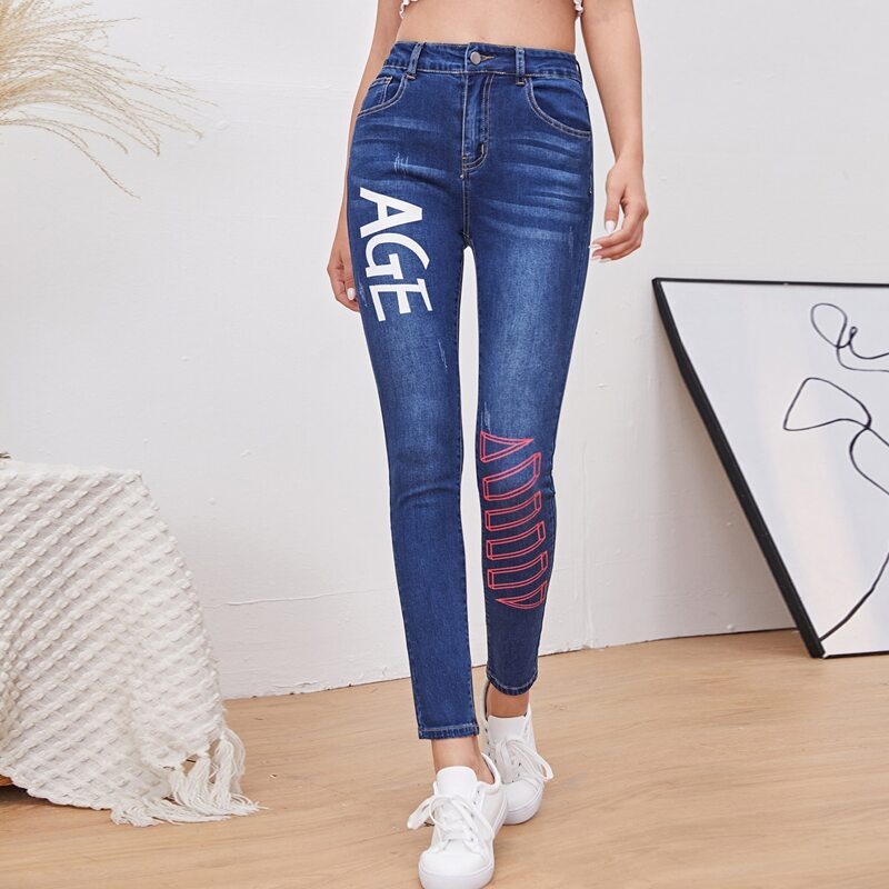 

High Waist Letter Graphic Skinny Jeans, Medium wash