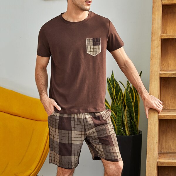 

Men Pocket Patched Tee With Plaid Shorts PJ Set, Coffee brown