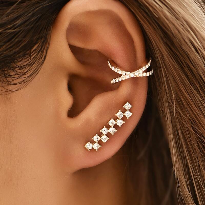 

3pcs Rhinestone Decor Stud Earrings, Gold