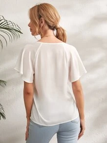 SHEIN Clasi 繫帶領荷葉邊袖上衣 - 白色 - 查看 2