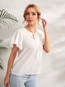 SHEIN Clasi 繫帶領荷葉邊袖上衣 - 白色 - 查看 3