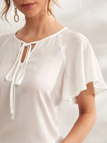 SHEIN Clasi 繫帶領荷葉邊袖上衣 - 白色 - 查看 5