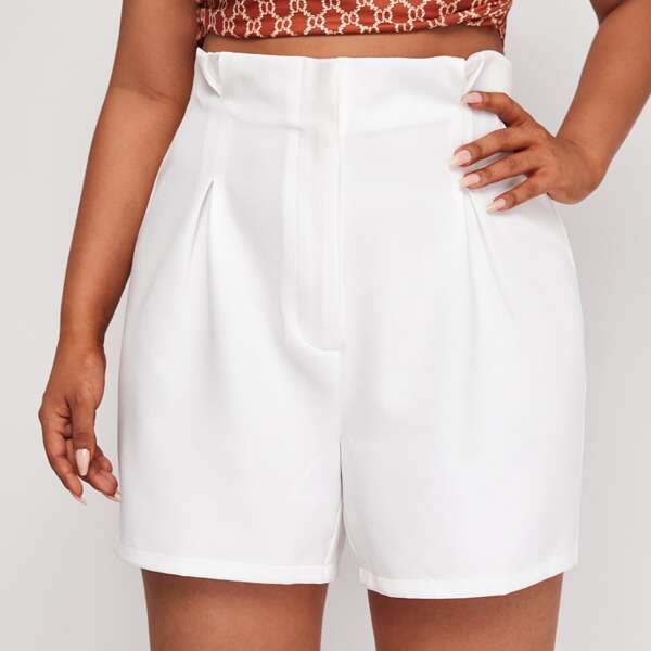 

Plus Solid Paperbag Waist Shorts, White