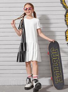 SHEIN Girls Striped Panel Smock Dress - Multicolor - View 1