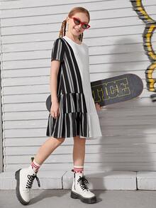SHEIN Girls Striped Panel Smock Dress - Multicolor - View 3