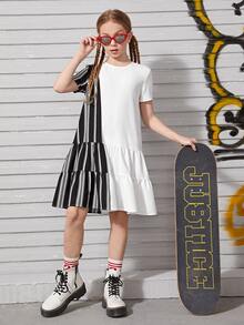 SHEIN Girls Striped Panel Smock Dress - Multicolor - View 4