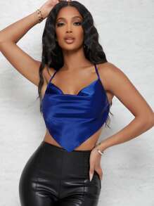 SHEIN BAE Satin Cowl Neck Halter Cropped Bandana Top - Blue - View 1