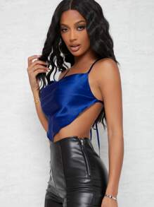 SHEIN BAE Satin Cowl Neck Halter Cropped Bandana Top - Blue - View 3