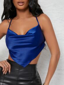 SHEIN BAE Satin Cowl Neck Halter Cropped Bandana Top - Blue - View 4