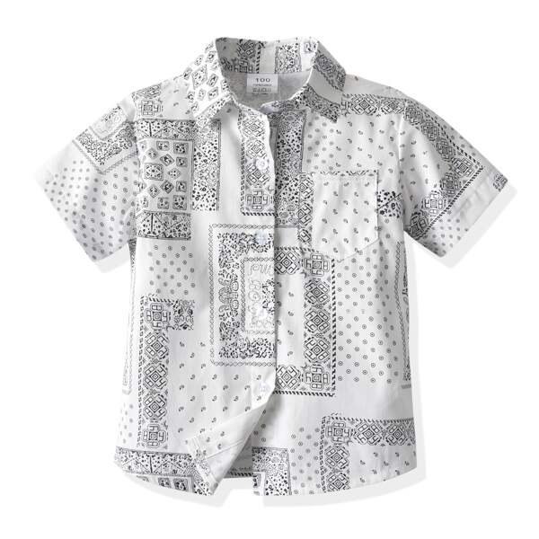 

Toddler Boys Scarf Print Button Up Shirt, Black and white