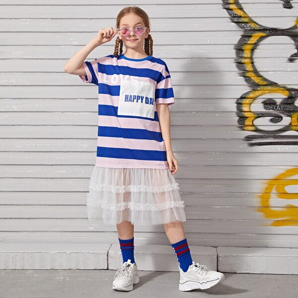 

Girls Letter Graphic Striped Mesh Hem Dress, Multicolor