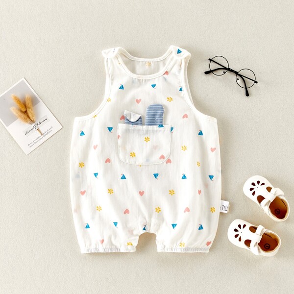 

Baby Girl Heart And Floral Print Pocket Front Tank Romper, White