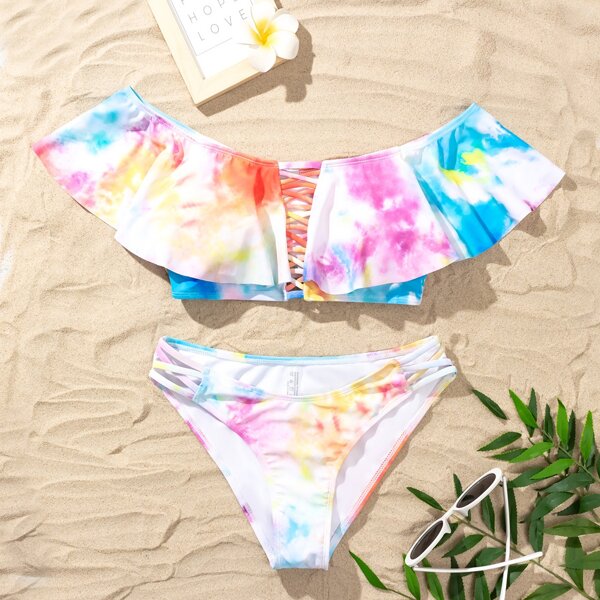 

Tie Dye Flounce Bardot Bikini Swimsuit, Multicolor