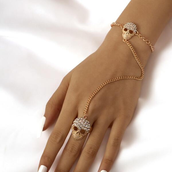 

Rhinestone Skull Decor Mittens Bracelet, Gold