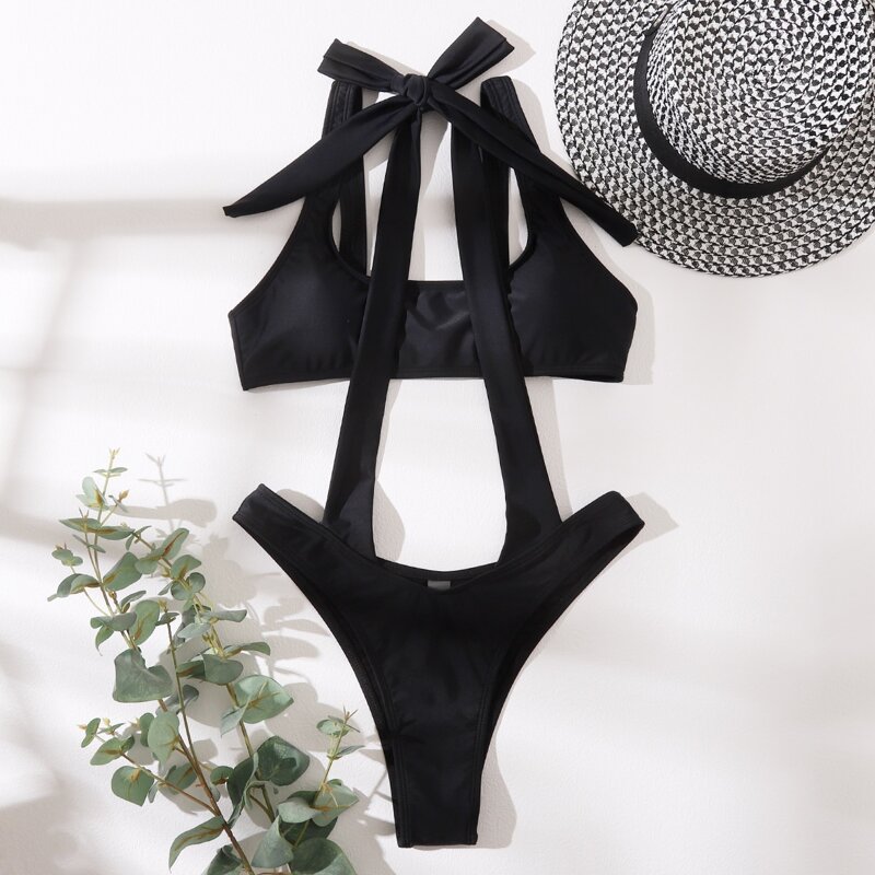 

Solid High Leg Bikini Swimsuit, Black